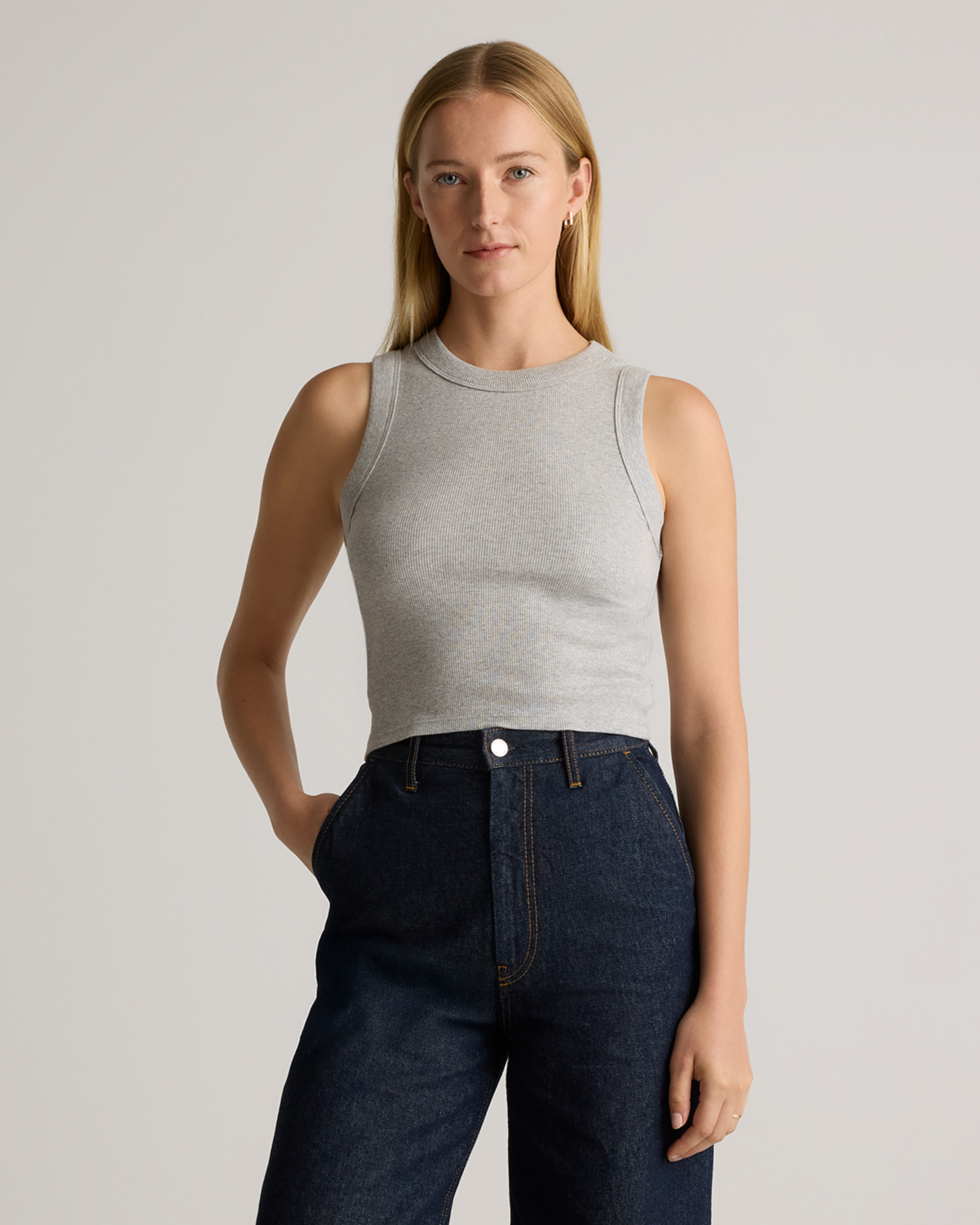 Quince | Women's Micro-Rib Cropped Cutaway Tank Top in Heather Grey, Size XS, Organic Cotton | Quince