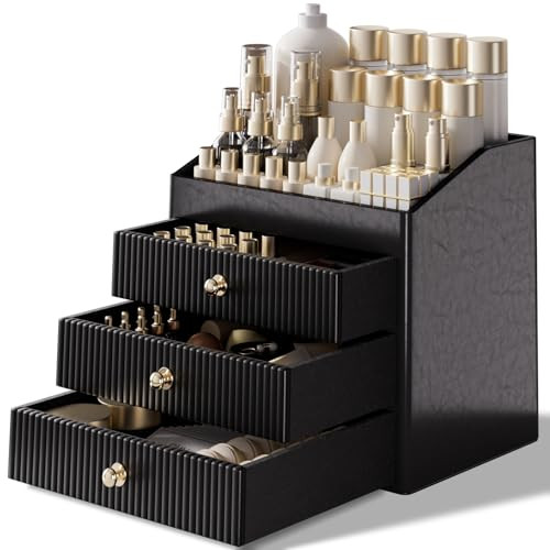 LADSTAG Cosmetic Organizer,Luxury Make up Organizer with 3 shelf Drawers,Black Large Capacity Makeup Organizers for Skincare,Brushes, Dresser,Bedroom,Bathroom,Birthday Gifts for Mom | Amazon (US)