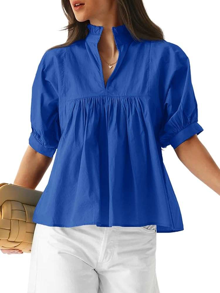 Cicy Bell Womens Puff Sleeve V Neck Blouse Babydoll Peplum Tops Dressy Casual Pleated Loose Fit S... | Amazon (US)