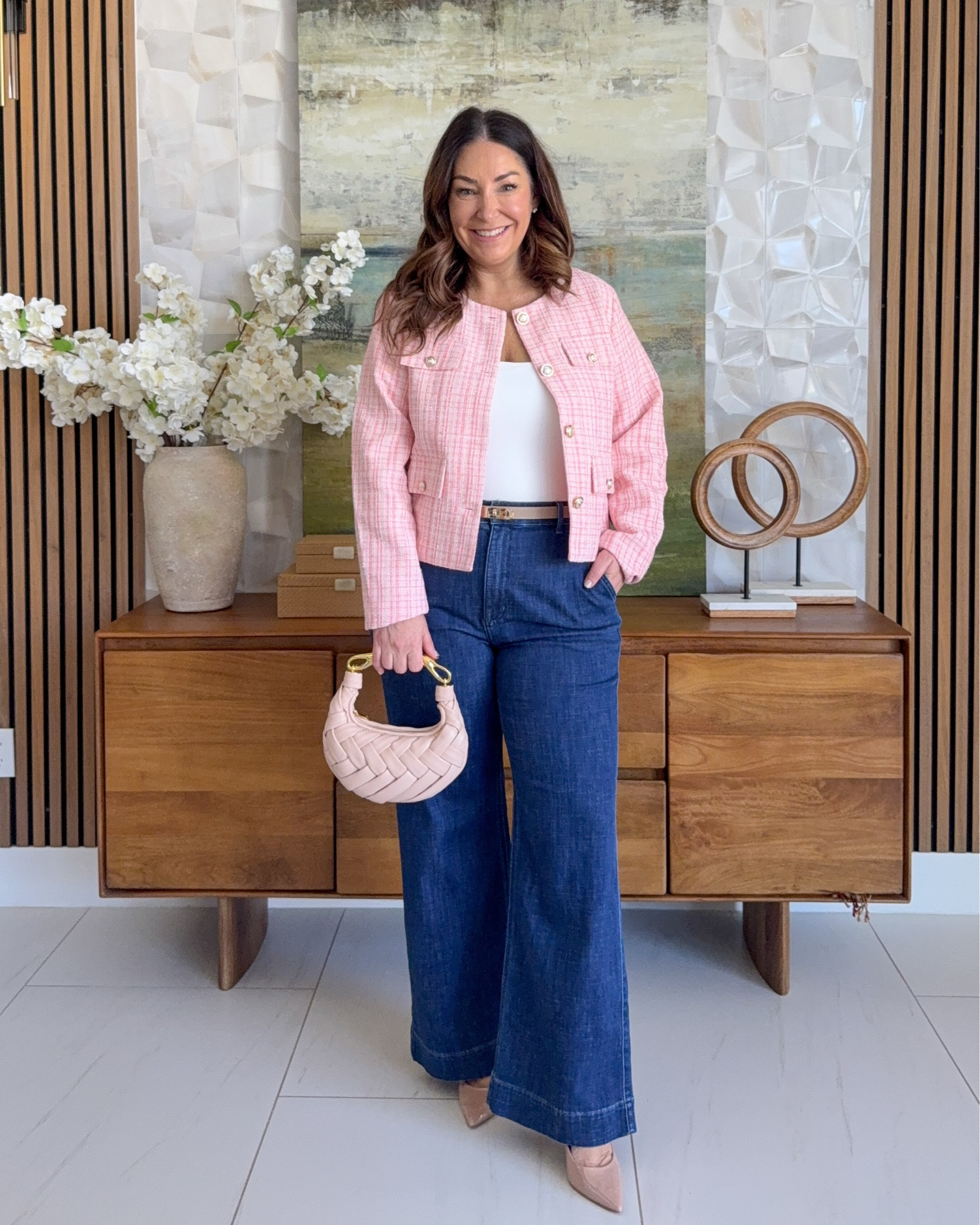 Y'all 😍 This cute pink jacket has juts enough shimmer to say HELLO SPRING while still being work appropriate! Wearing large in jacket, XL in tank, jeans, 31 

 #LTKOver40 #LTKMidsize #LTKWorkwear
