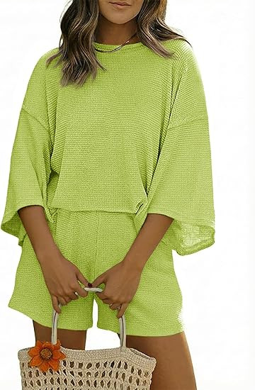 Tankaneo Womens Short Sets 2 Piece Outfits 3/4 Sleeve Tops and Elastic Waist Shorts Lounge Set Ca... | Amazon (US)