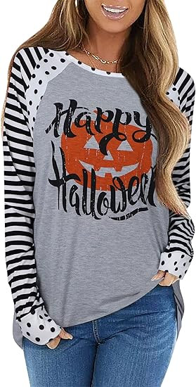 Happy Halloween T-Shirt Pumpkin Face Shirt Womens Long Sleeve Fall Pumpkin Shirt Halloween Raglan... | Amazon (US)
