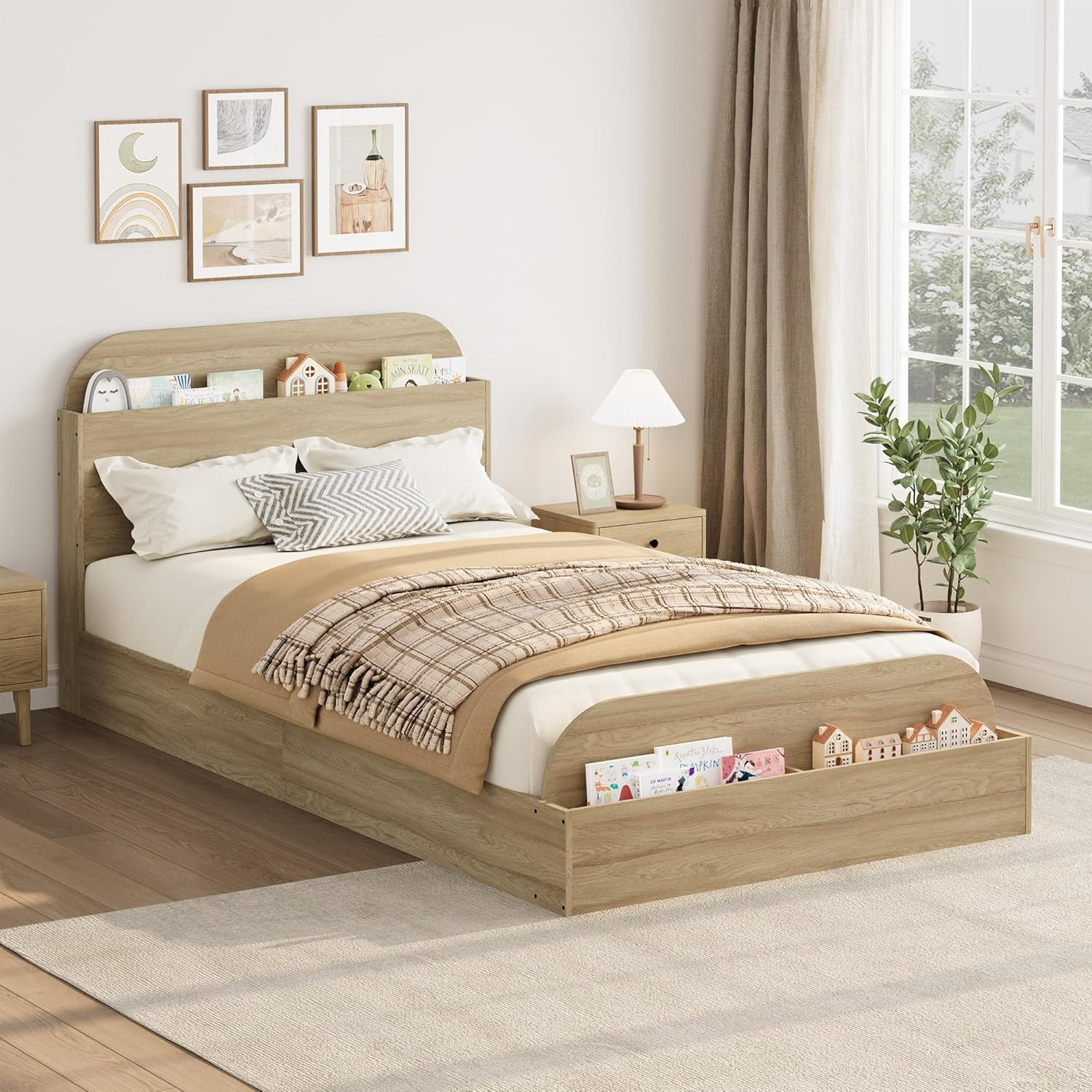 Garvee Twin Kids Bed Frame with Storage Headboard and Footboard Low Profile Wood Platform Bed Sturdy Wood Slats No Box Spring Needed Natural | Lowe's