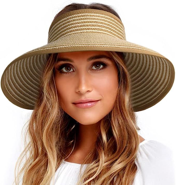 FURTALK Sun Visor Hats for Women Wide Brim Straw Roll-Up Ponytail Summer Beach Hat UV UPF Packabl... | Amazon (US)