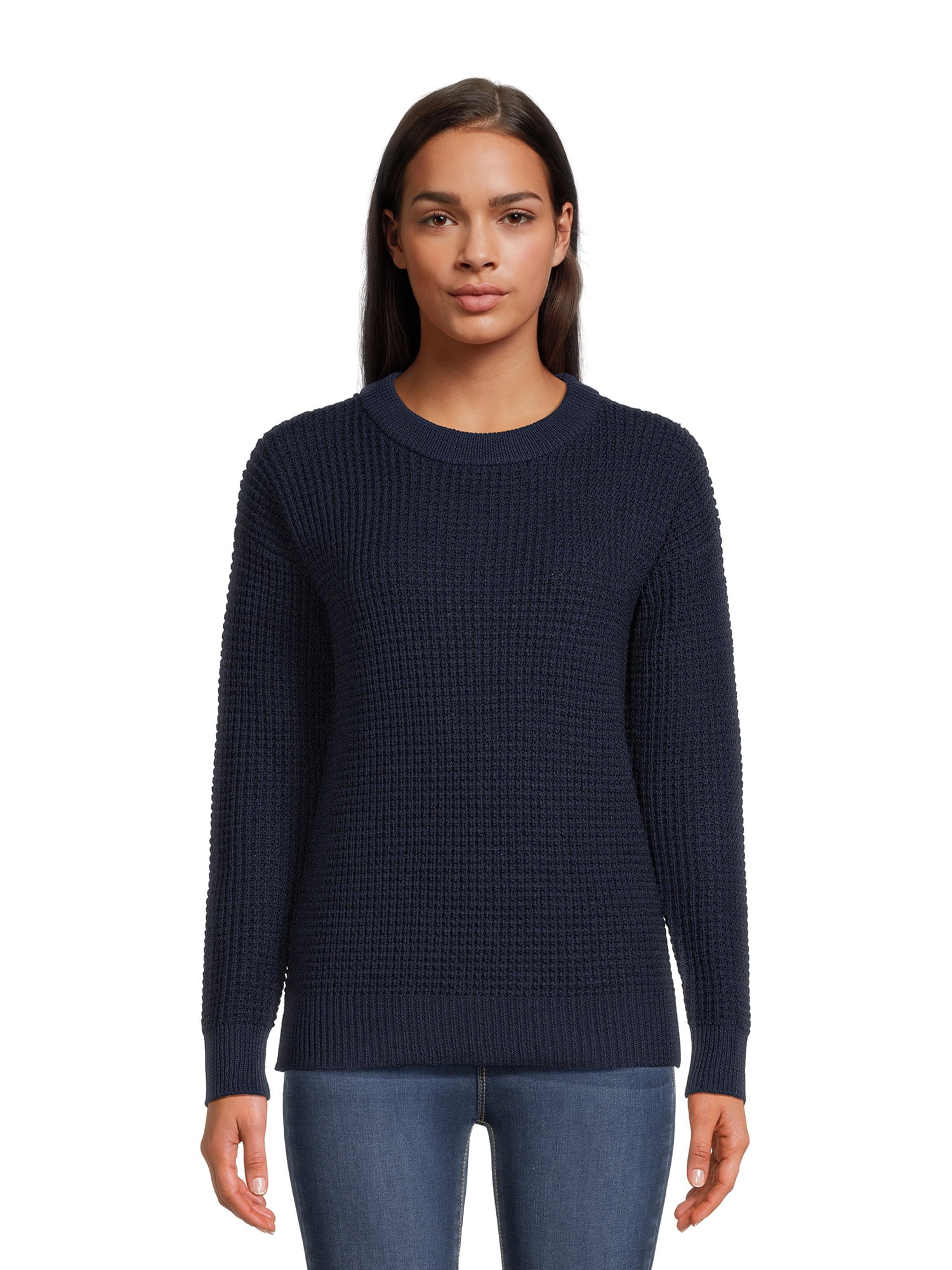 Time and Tru Women's Long Sleeve Waffle Crewneck Pullover Sweater | Walmart (US)
