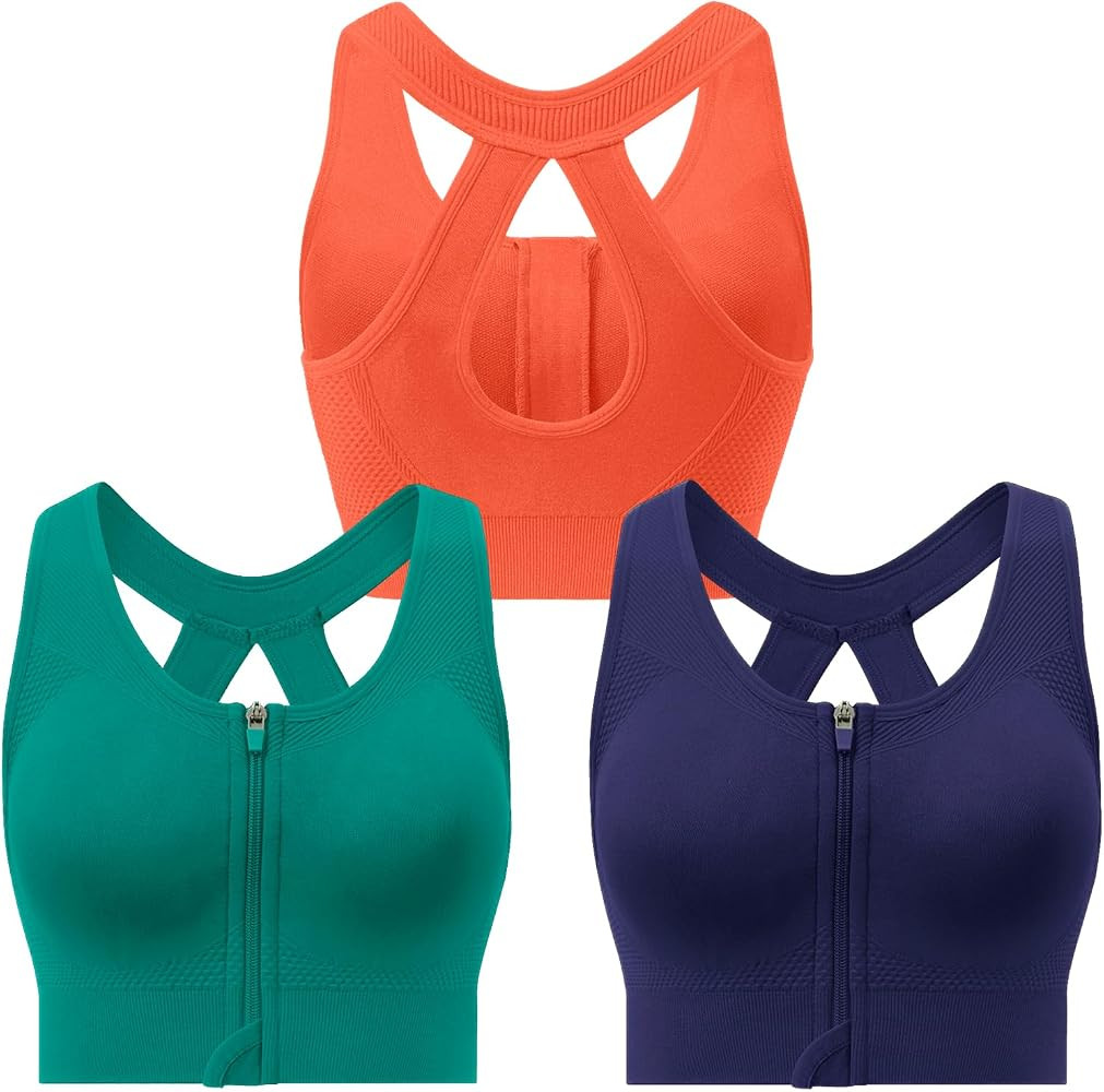 Zip Front Sports Bra for Women, Padded Racerback Medium Support for Post-Surgery, Yoga Gym | Amazon (US)