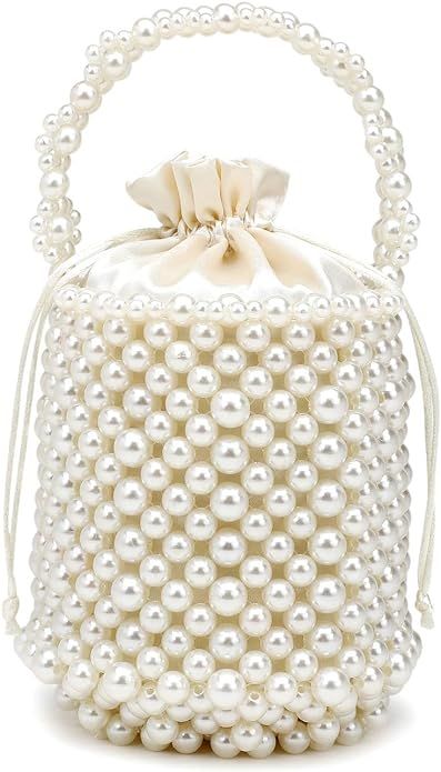 White Beaded Pearl Bucket Handbag for Women, Small Tube Clutch Purse Evening Bag for Bridal, Wedd... | Amazon (US)