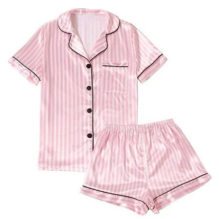 Women s pajama set Short sleeve button-down shirt and shorts pajama set - Pink stripe | Walmart (US)