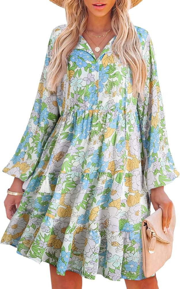 SHEWIN Women's Spring Summer Boho Floral Dresses Casual V Neck Short/Long Sleeve Ruffle Hem A-Lin... | Amazon (US)