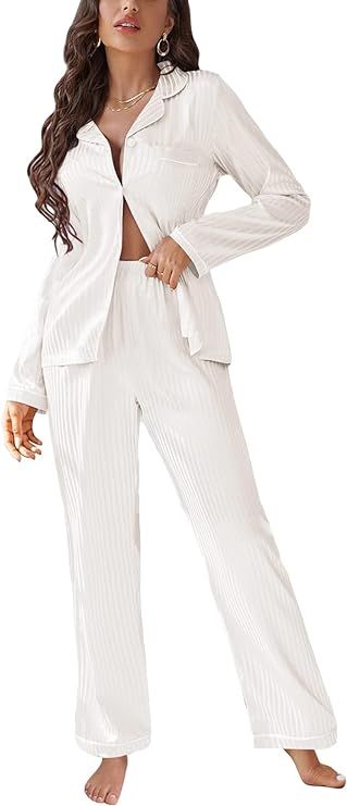 OYOANGLE Women's 2 Piece Stain V Neck Pocket Button Front Long Sleeve Loungewear PJ Lounge Pants ... | Amazon (US)