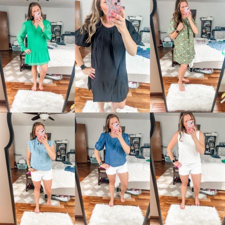 Ordered a bunch of dresses and tops from the Loft and I was pleasantly surprised when they arrived! I’ll do individual posts too but wanted them all together. 

Bright green dress is a medium, other two are large. Chambray tops are both medium, white tank is a large. 

They are having a great sale right now! 

#LTKMidsize #LTKOver40 #LTKSaleAlert