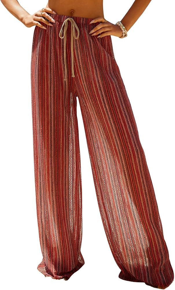 ZAFUL Womens Beach Cover Up Pants Sexy Crochet Drawstring Elastic Boho Swimsuit Cover Up Long Pan... | Amazon (US)