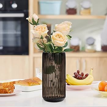 TIMEFOTO Flower Vase 7.5 inch Amber Thickened Hand Blow Glass Vase Round Vintage Striped Bottles ... | Amazon (US)