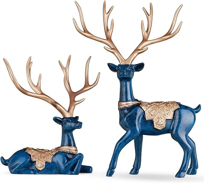 Set of 2 Christmas Reindeer Statues, Fawn Statue Christmas Decorations on Shelf, Modern Blue Home... | Amazon (US)