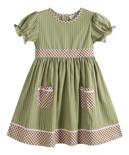 Sage Stripe Gingham-Pocket Tie-Waist A-Line Dress - Infant, Toddler & Girls | Zulily