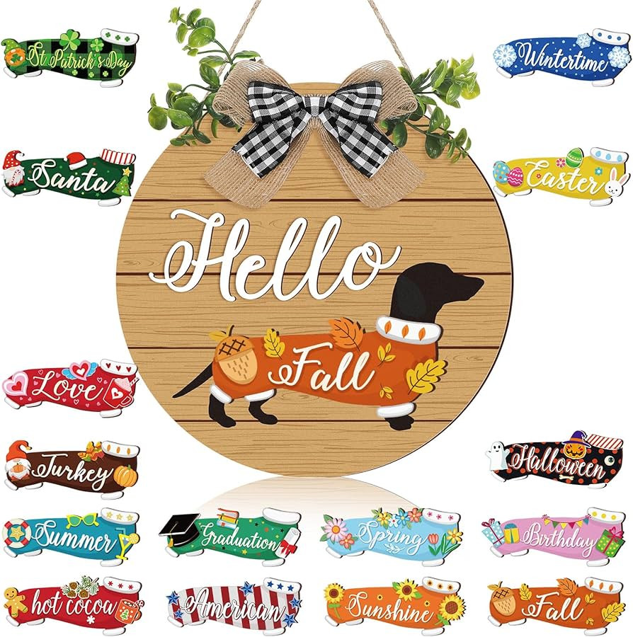 16 Pcs Interchangeable Dog Wooden Door Hanger Ornaments Rustic Dachshund Seasonal Home Sign Repla... | Amazon (US)