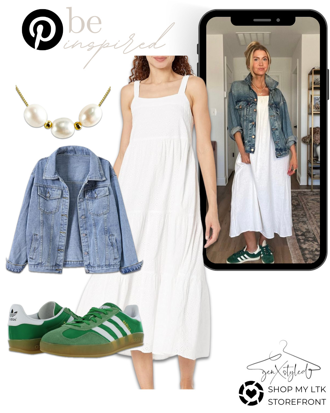 Easy, breezy summer style! This white tiered dress, classic denim jacket, pearl statement necklace, and green Adidas sneakers make the perfect casual-cool combo. All pieces are Amazon finds!  

 #LTKSummerEdit #LTKPetite #LTKStyleTip