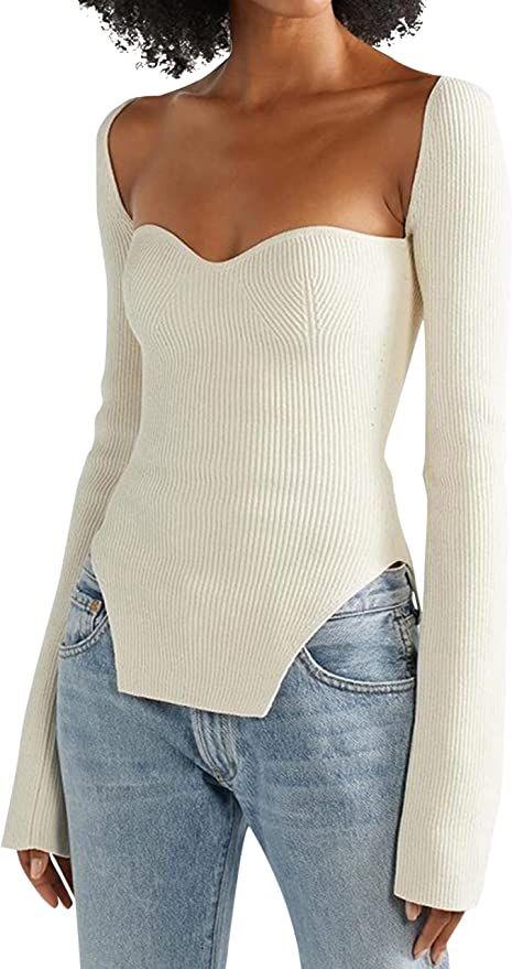 MISSACTIVER Women Square Sweetheart Neck Asymmetrical Hem Knit Sweater Solid Long Sleeve Slim Fit... | Amazon (US)
