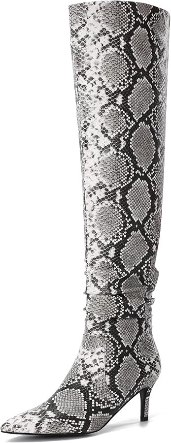 Womens Thigh High Boots Stiletto Heel Faux Snakeskin Boots Side Zipper Casual Slouchy Over The Kn... | Amazon (US)