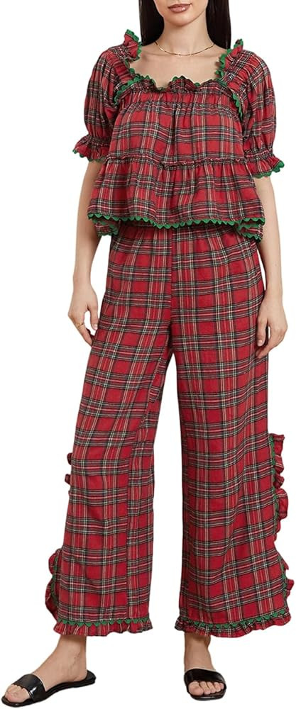 Hulpvktsgiq Christmas Pajama Set for Women Puff Short Sleeve Plaid Babydoll Blouse Ruffle Wide Le... | Amazon (US)