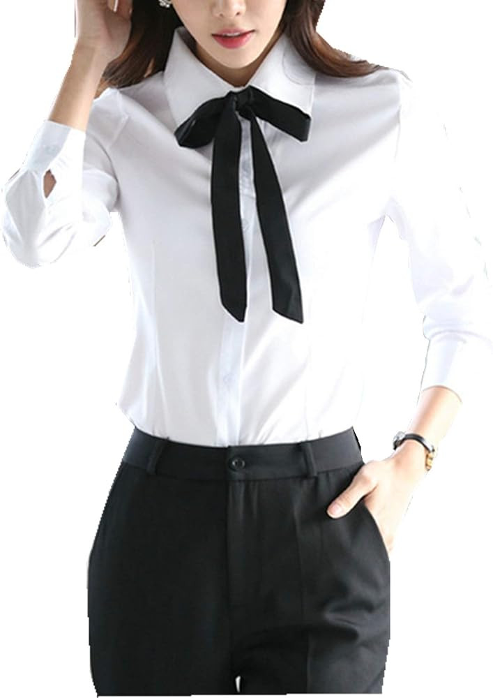 Women's Slim Tops Blouses Long Sleeve White Button Down Shirts with Ties Working Shirts | Amazon (UK)