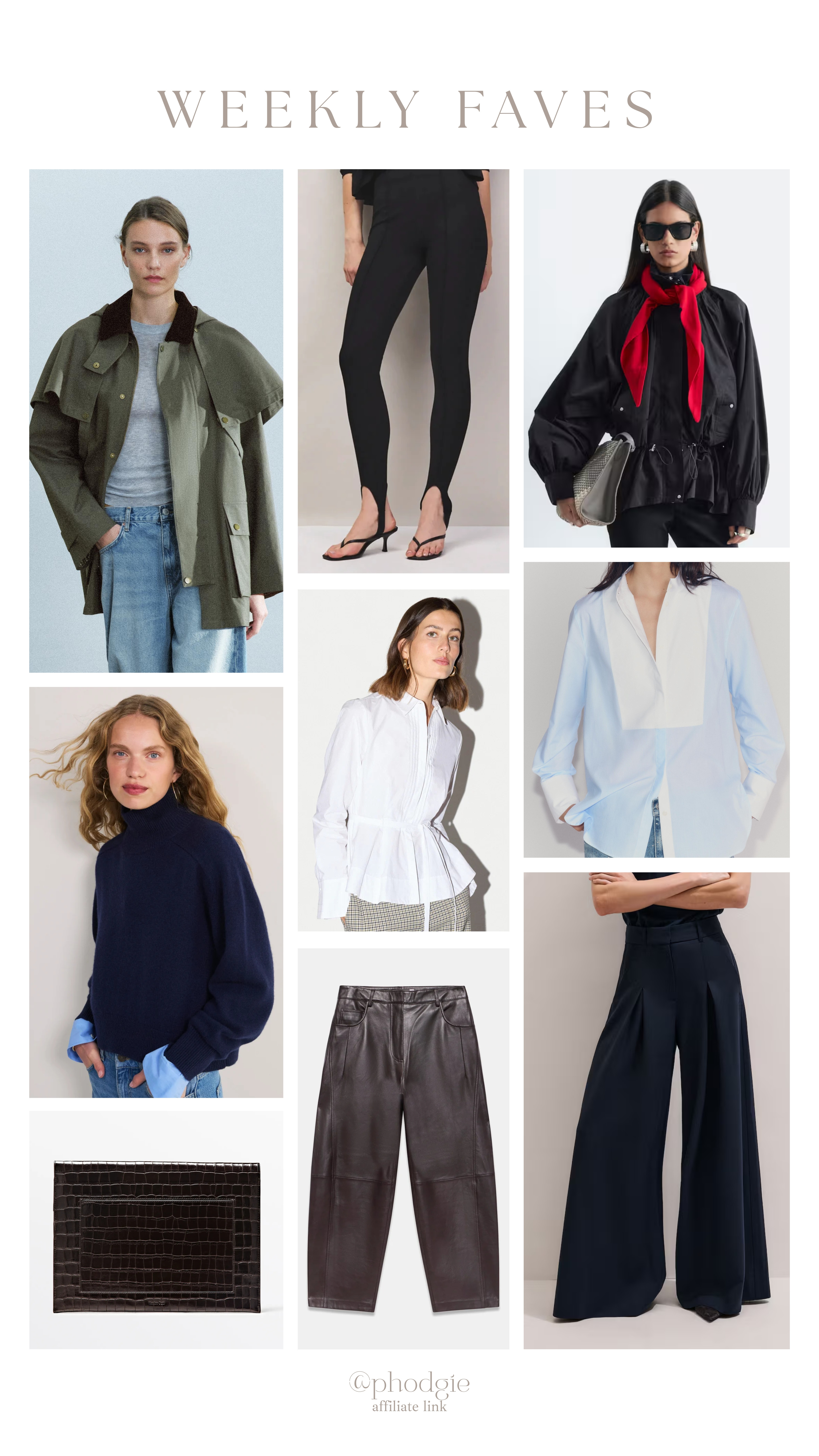 Weekly favourites ✨

Wax jacket, high neck jacket, cinch jacket, rain coat, leggings, wide leg trousers, tailored trousers, leather trousers, barrel leg trousers, button down, blouse, workwear

#LTKFashionMonth #LTKuk #LTKautumn