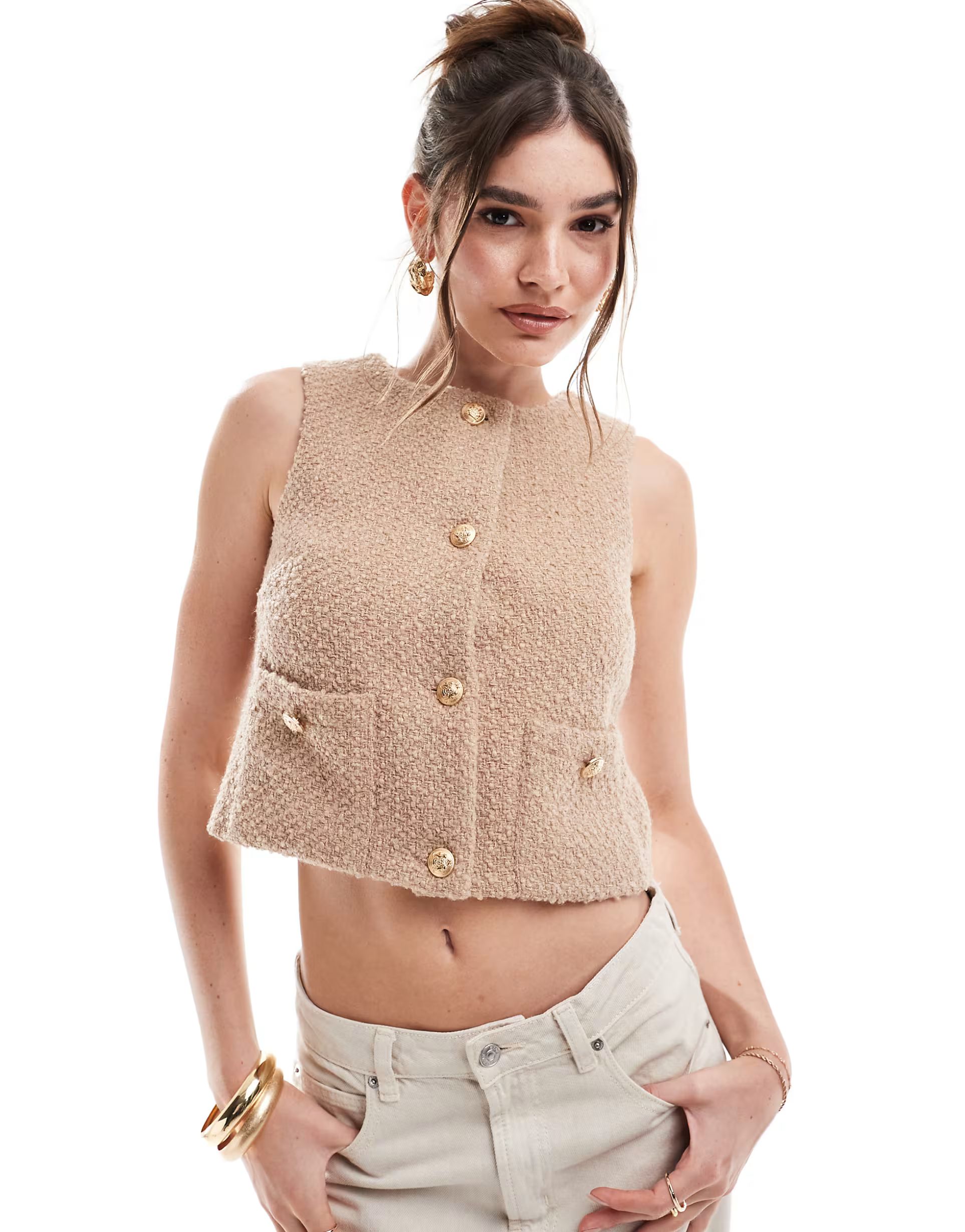 4th & Reckless boucle sleeveless vest with gold button detail in camel | ASOS (Global)