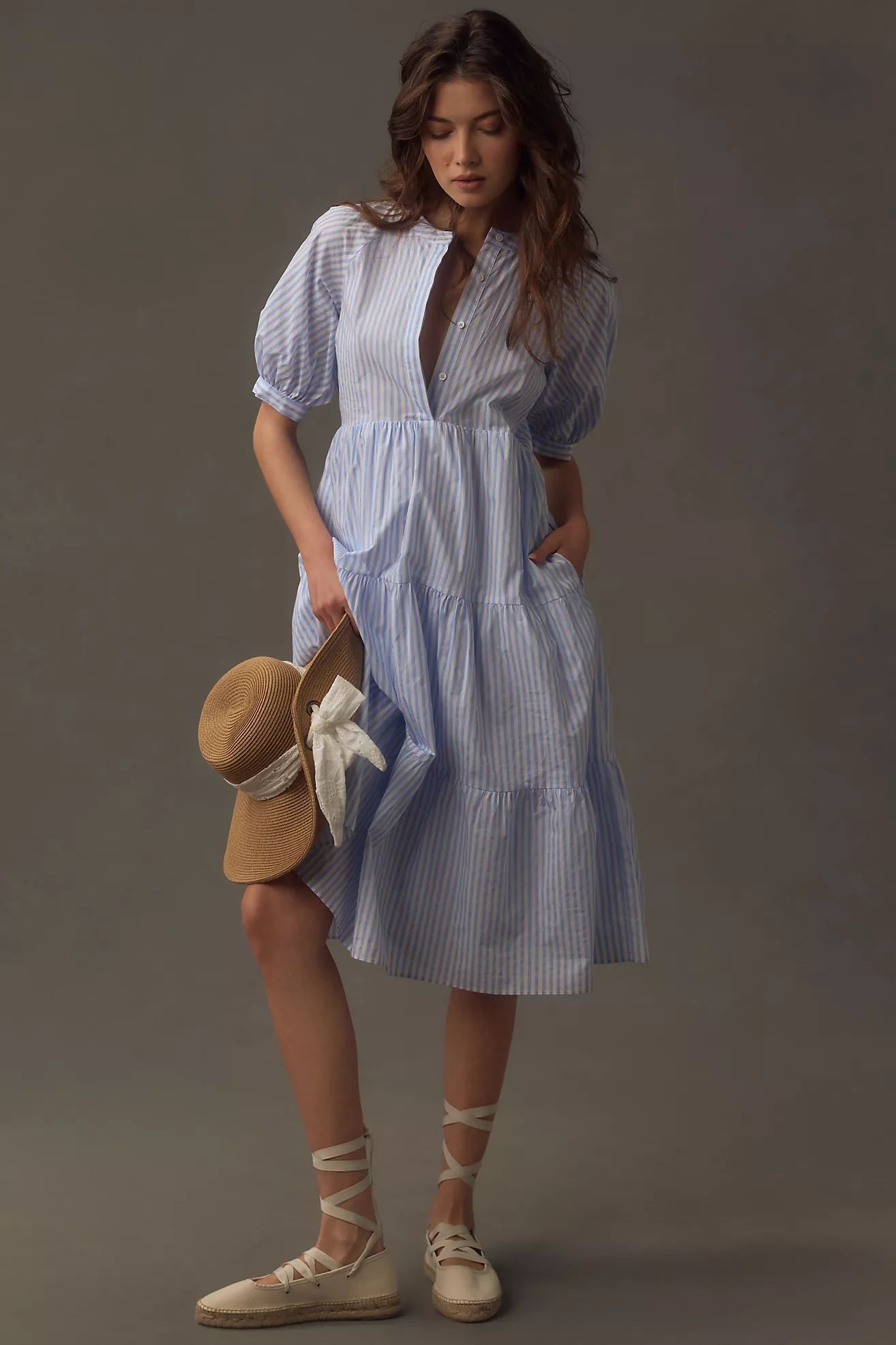 English Factory Puff-Sleeve Tiered Midi Dress | Anthropologie (US)