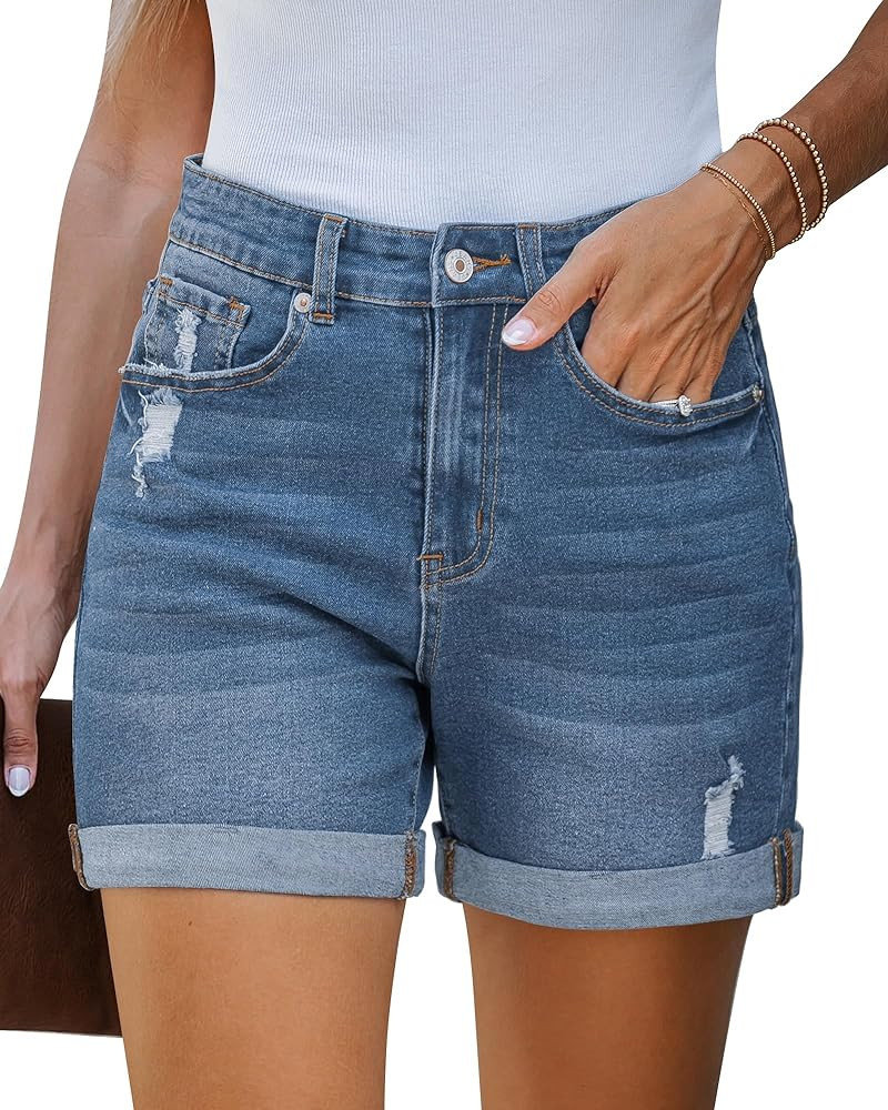 LookbookStore Jean Shorts Womens Stretchy High Waisted Ripped Denim Shorts with Pockets Trendy Di... | Amazon (US)