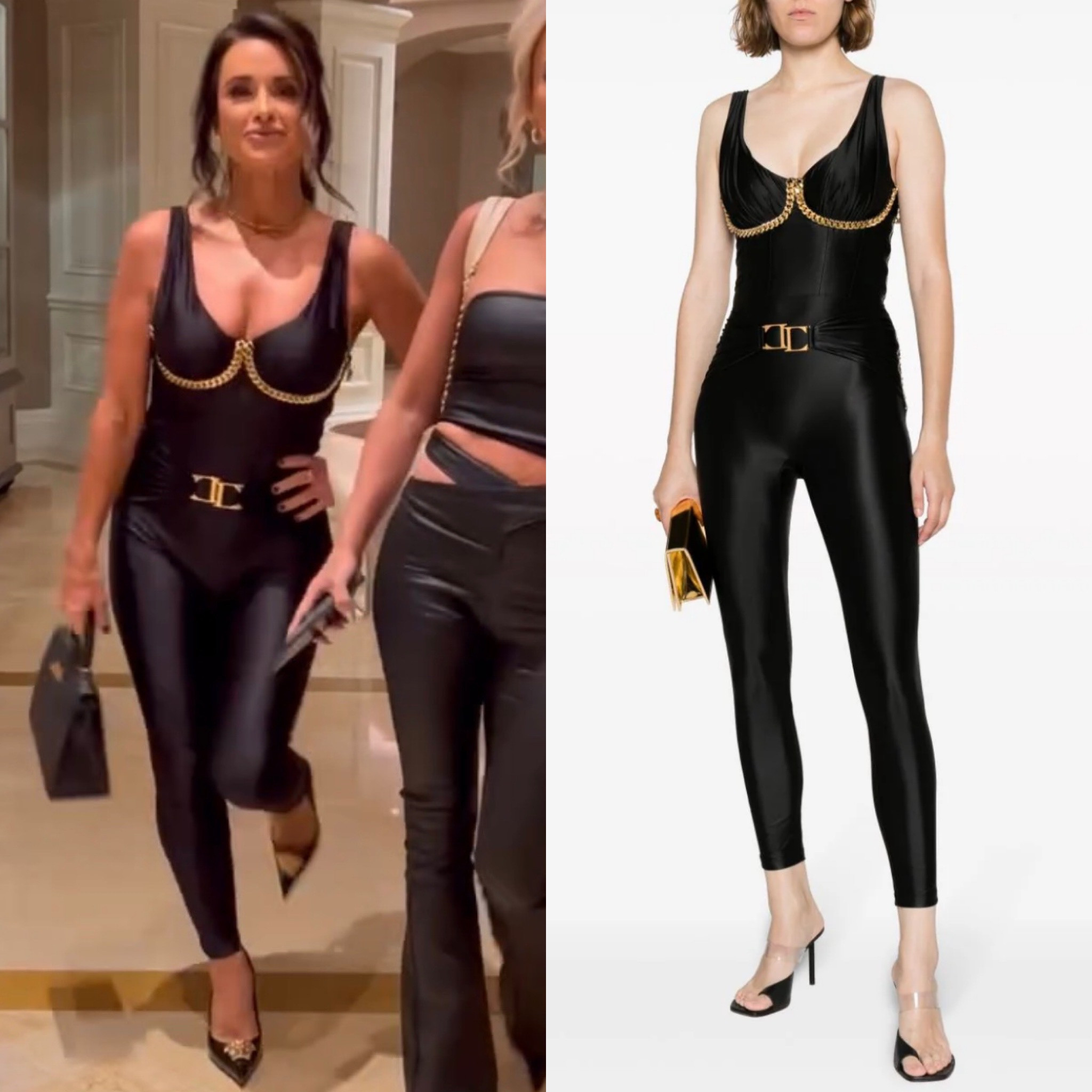 Kyle Richards’ Black Embellished Belted Catsuit 📸= @kylerichards18