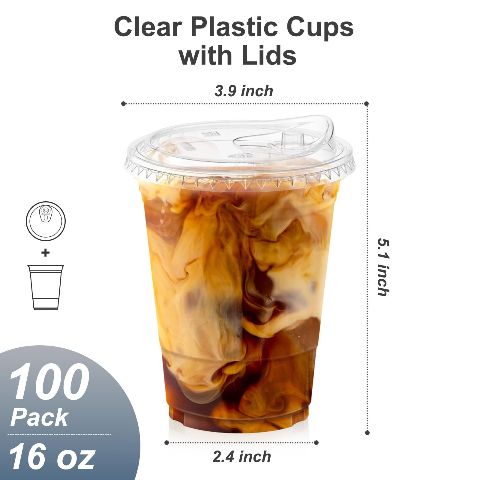 100 Pack - 16 oz Clear Plastic Cups with Lids, Sturdy & Food Safe Iced Coffee Cups with lids, Dis... | Amazon (US)