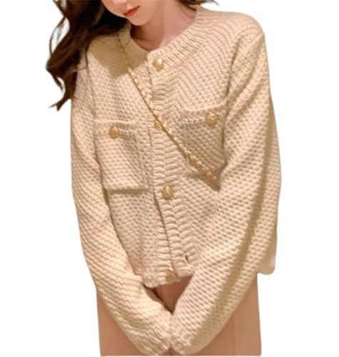 Women's Casual Long Sleeve Knit Cardigan Button Down Sweater Top O-Neck Short Sweater Jacket with Pockets(Beige,ONE Size) | Amazon (US)