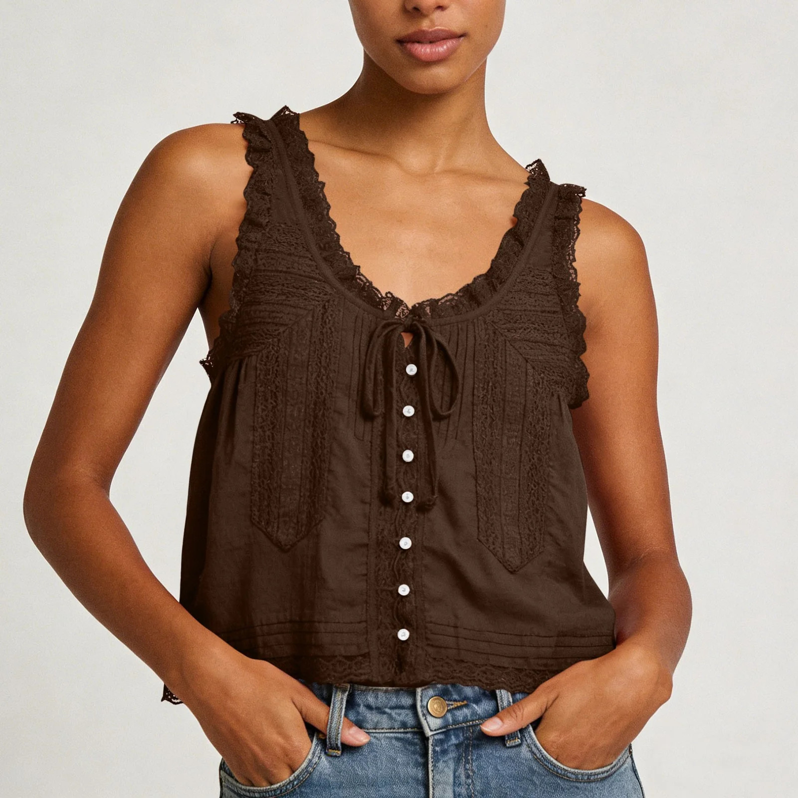 ClodeEU Women's V-Neck Sleeveless Button Down Tank Top, Casual Ruffled Strap Blouse Brown,Women's... | Walmart (US)