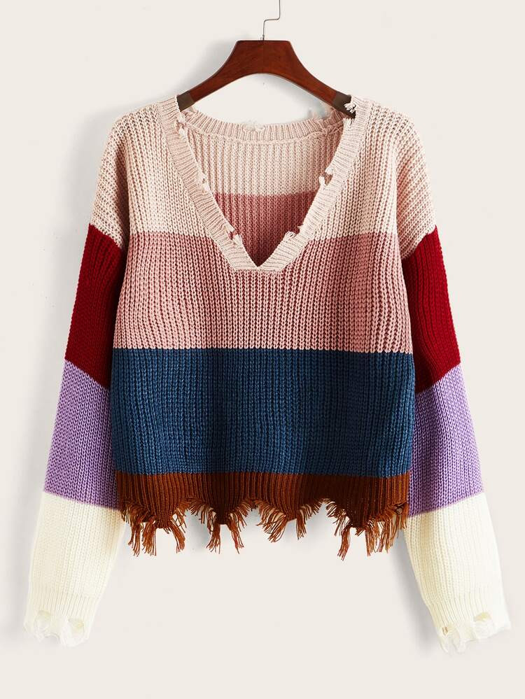 Drop Shoulder Colorblock Distressed Hem Sweater | SHEIN