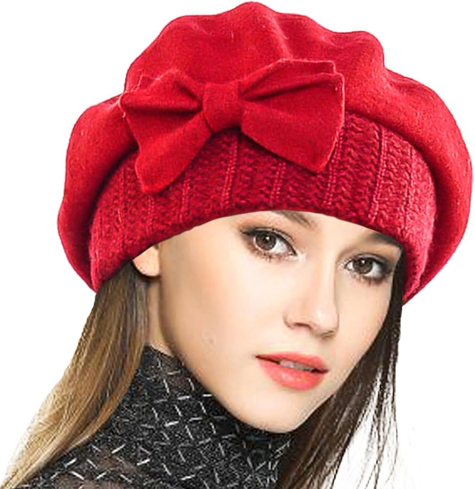 VECRY Lady French Beret 100% Wool Beret Floral Dress Beanie Winter Hat | Amazon (US)