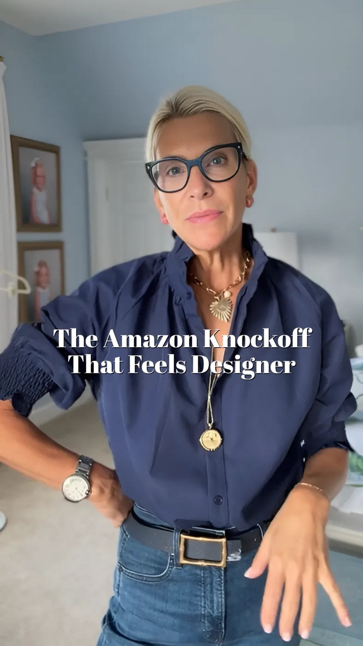 You’d never guess this navy blouse is from Amazon. ✨ Ruffle sleeves, great quality, and it feels like a designer piece for less. Add pink shoes or earrings and it’s its own cute outfit.