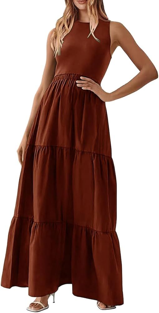 LOFAAC Women Crew Neck Sleeveless Rib-Knit Swing Maxi Dress Slim Fit High Waisted Bodycon Pleated... | Amazon (US)