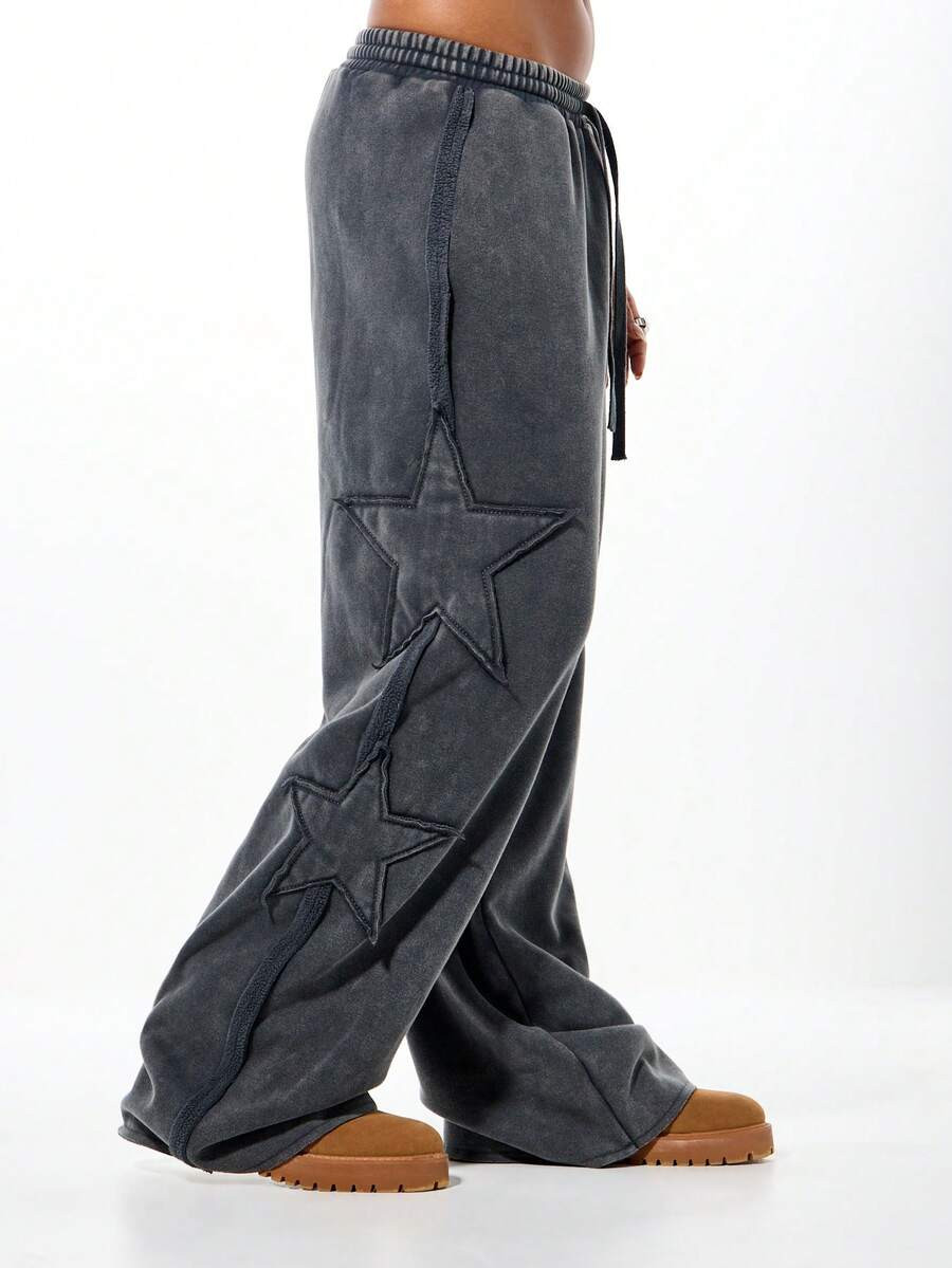 SUMWON WOMEN Oversized Washed Star Detail Joggers For Women Casual Baggy Wide Leg Sweatpants With... | SHEIN