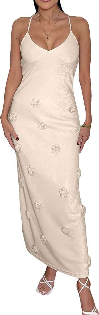LOUSEA Women's Knit Maxi Dress Spaghetti Strap Floral Dress Bodycon Knitted Beach Long Dress Back... | Amazon (US)