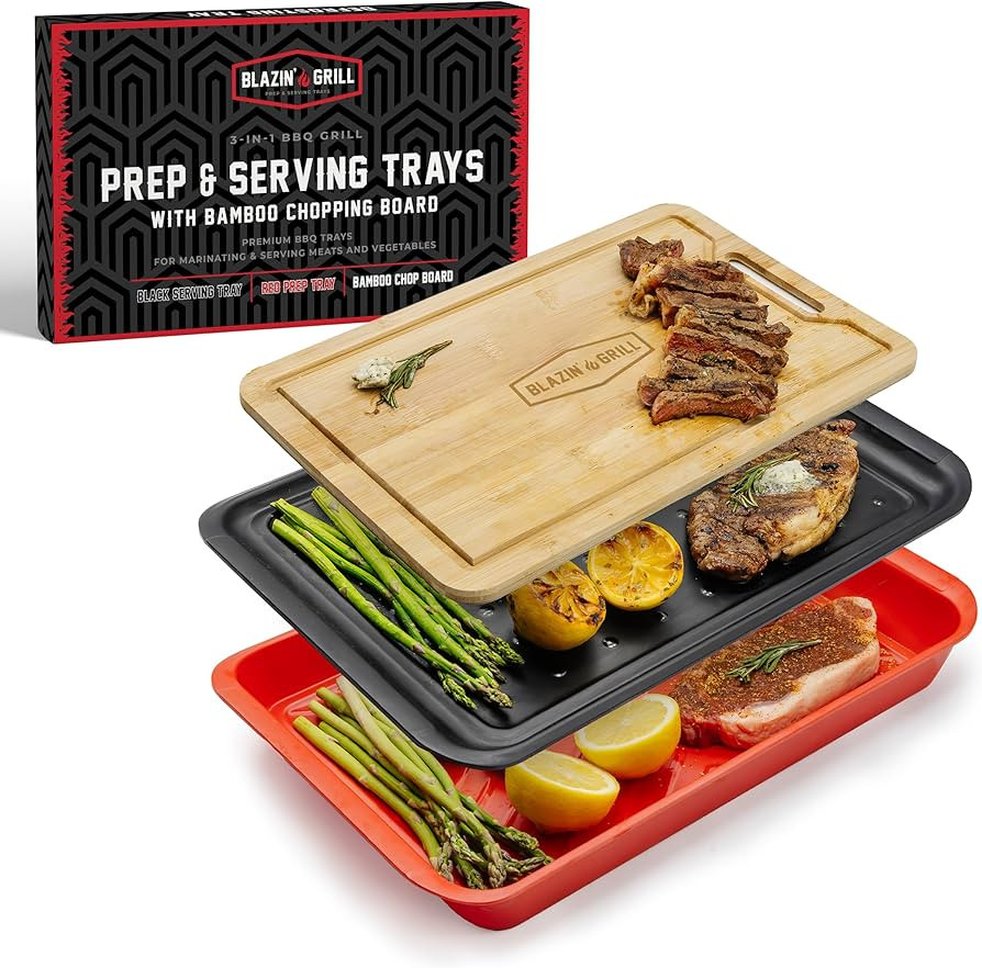BLAZIN' GRILL Prep and Serving Trays | Set of 3 Stackable, Melamine Trays with Bamboo Cutting Boa... | Amazon (US)