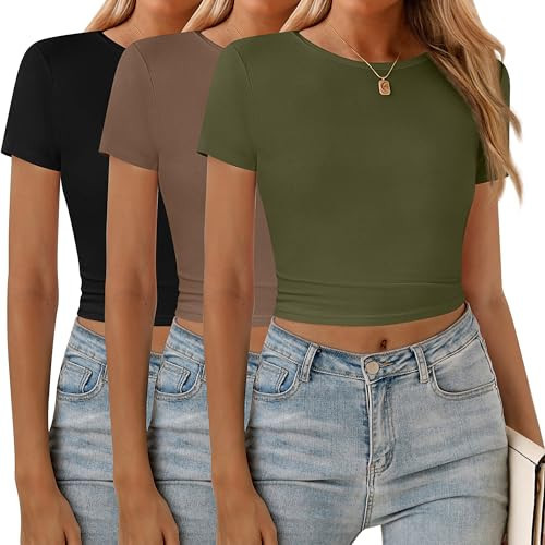 Riyiper 3 Pcs Women's Crop Top Crewneck Top Women Short Sleeve Crop Tshirt Round Neck Tee Shirt Womens Basic Crop Top (Black, Coffee, Army Green,Medium) | Amazon (US)