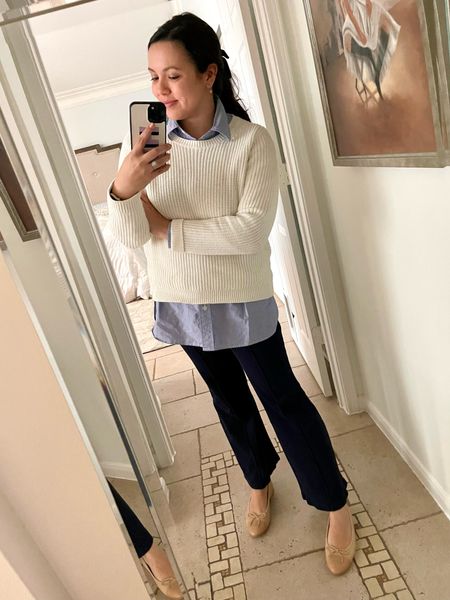 Outfit that looks put together, but the pants are knit and elastic waist - win! 
Donni kick flare pants in navy paired with an oversized button down and classic fisherman knit sweater + Chanel ballet flats 
Pants run tts, expensive but worth it!! 
Wear to work look, mom uniform 


#LTKstyletip #LTKworkwear