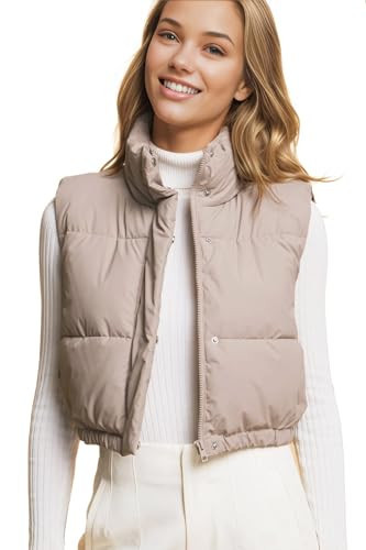 Love Tree Women's Juniors Cropped Faux Leather Puffer Vest (Taupe, Medium) | Amazon (US)