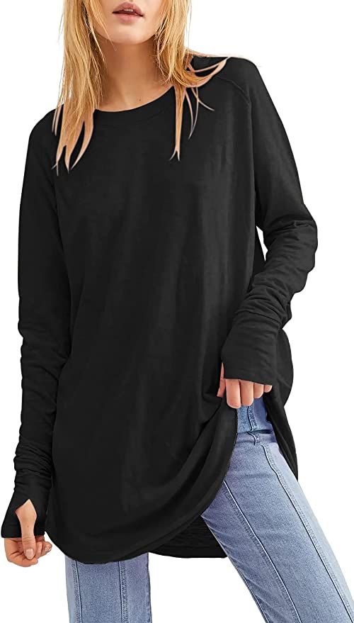Fisoew Women's Casual Long Sleeve Tops Crew Neck Round Hem Loose T-Shirts Tunic Tops with Thumb H... | Amazon (US)