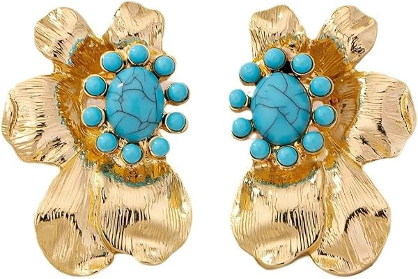Gold Statement Earrings for Women Boho Turquoise Chunky Gold Big Flower Pearl Large Leaf Earrings... | Amazon (US)