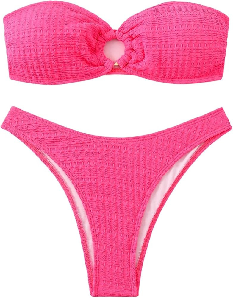 SHENHE Women's 2 Piece Bikini Set Summer Solid Ring Strapless Textured Bathingsuit | Amazon (US)