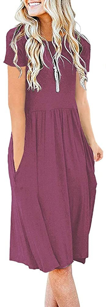 Women's Short Sleeve Pockets Empire Waist Pleated Loose Swing Casual Flare Dress, spring outfits | Amazon (US)