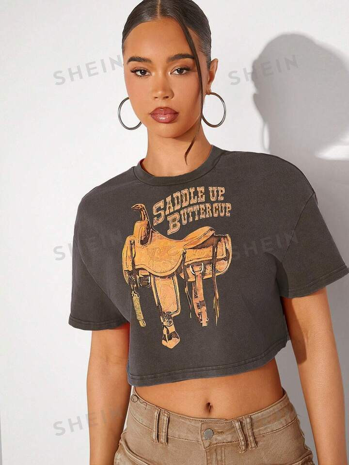 SHEIN Haute Western Graphic Crop T-Shirt, Cowgirl Short Sleeve Tee, Summer Daily | SHEIN USA | SHEIN