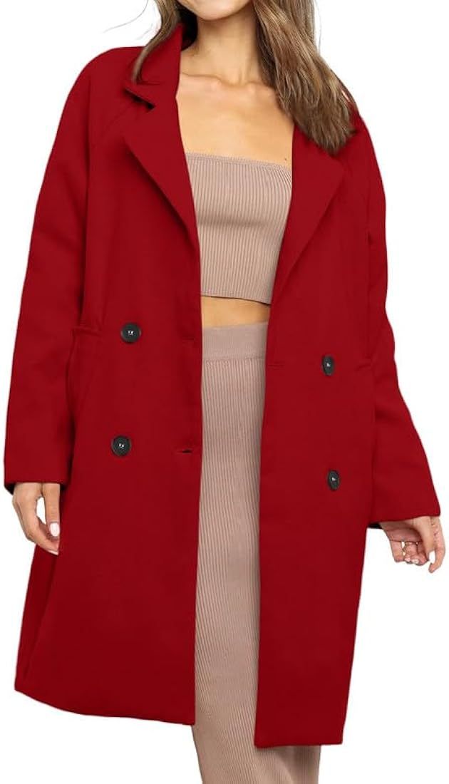 Womens Notched Lapel Collar Double Breasted Pea Coat Winter Wool Blend Over Coats Long Jackets | Amazon (CA)