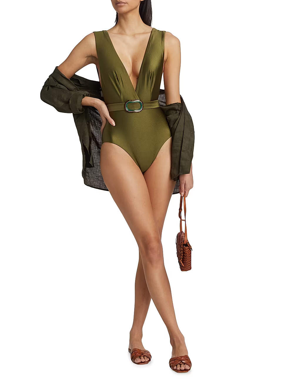 Junie Belted Plunge One-Piece Swimsuit | Saks Fifth Avenue